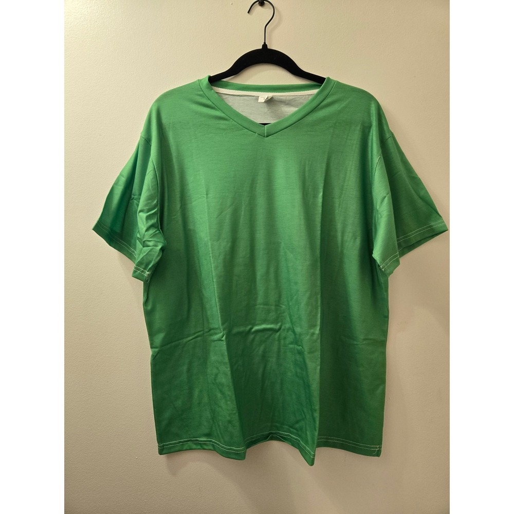 Women's V Neck T Shirt Loose Green‎ XL Casual Short Sleeve Polyester